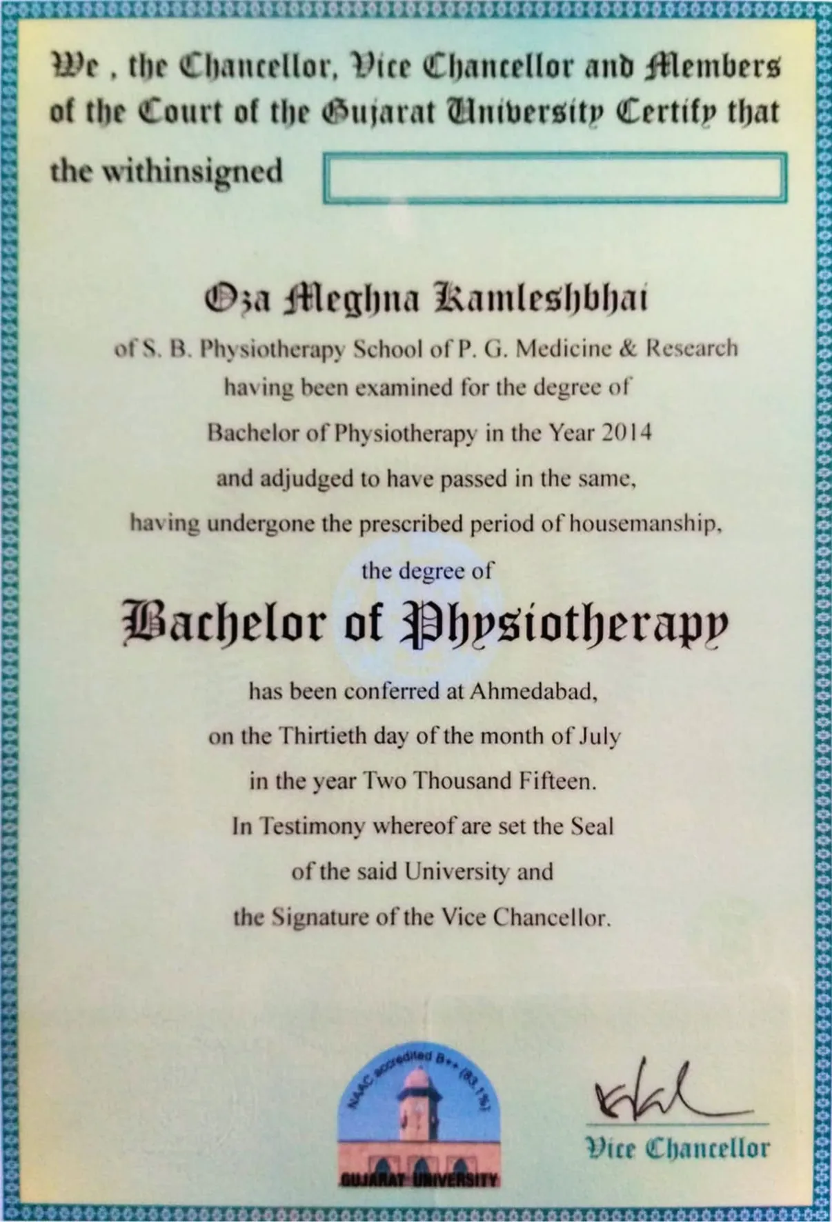 Bachelor of Physiotherapy degree certificate from Gujarat University