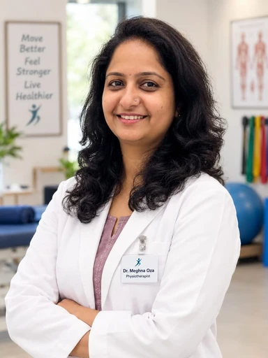 Dr. Meghna Oza, physiotherapist in Ahmedabad, in a white coat at her physiotherapy practice
