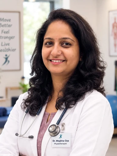 Dr. Meghna Oza smiling in a white coat with a stethoscope, exercise equipment behind her