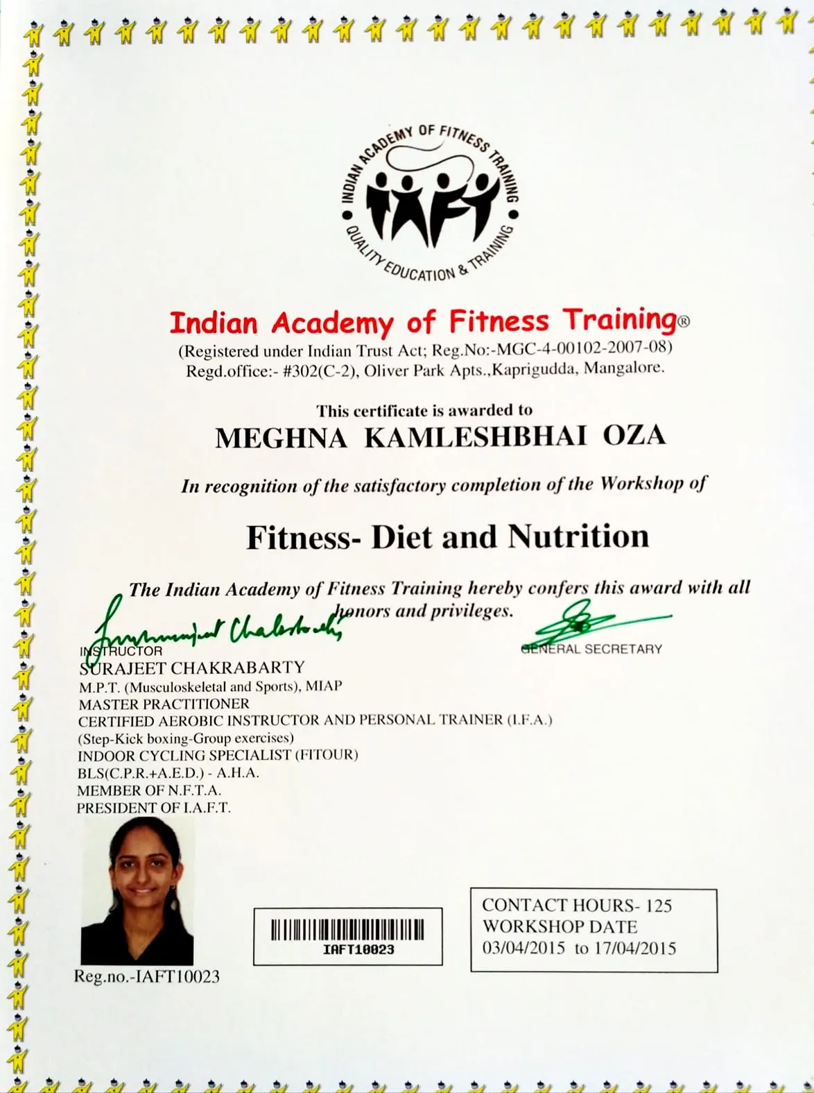 Fitness diet and nutrition workshop certificate from the Indian Academy of Fitness Training