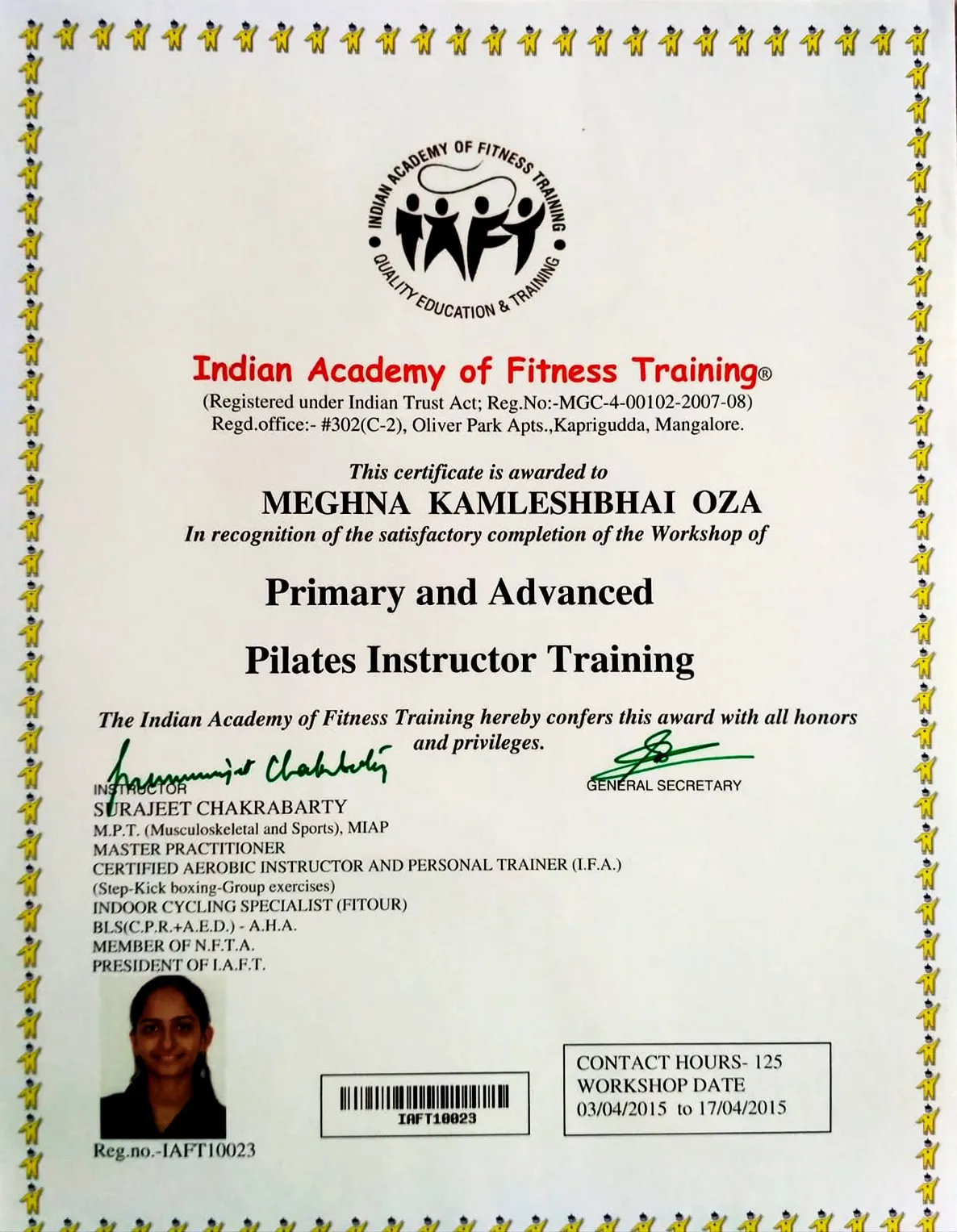 Primary and advanced Pilates instructor training certificate from the Indian Academy of Fitness Training