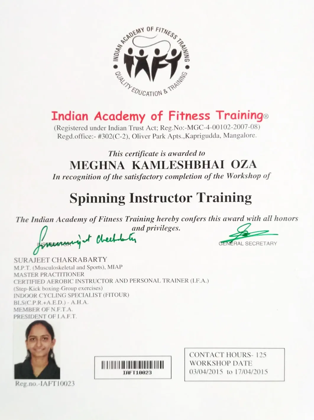 Spinning instructor training certificate from the Indian Academy of Fitness Training